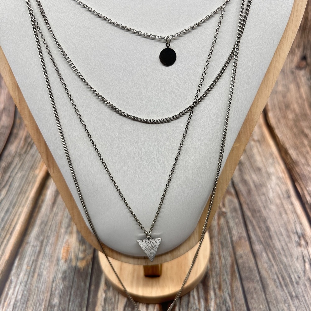 Silver Tone Layered Multi Strand Triangle Arrowhead Pendant Necklace Boho Y2K